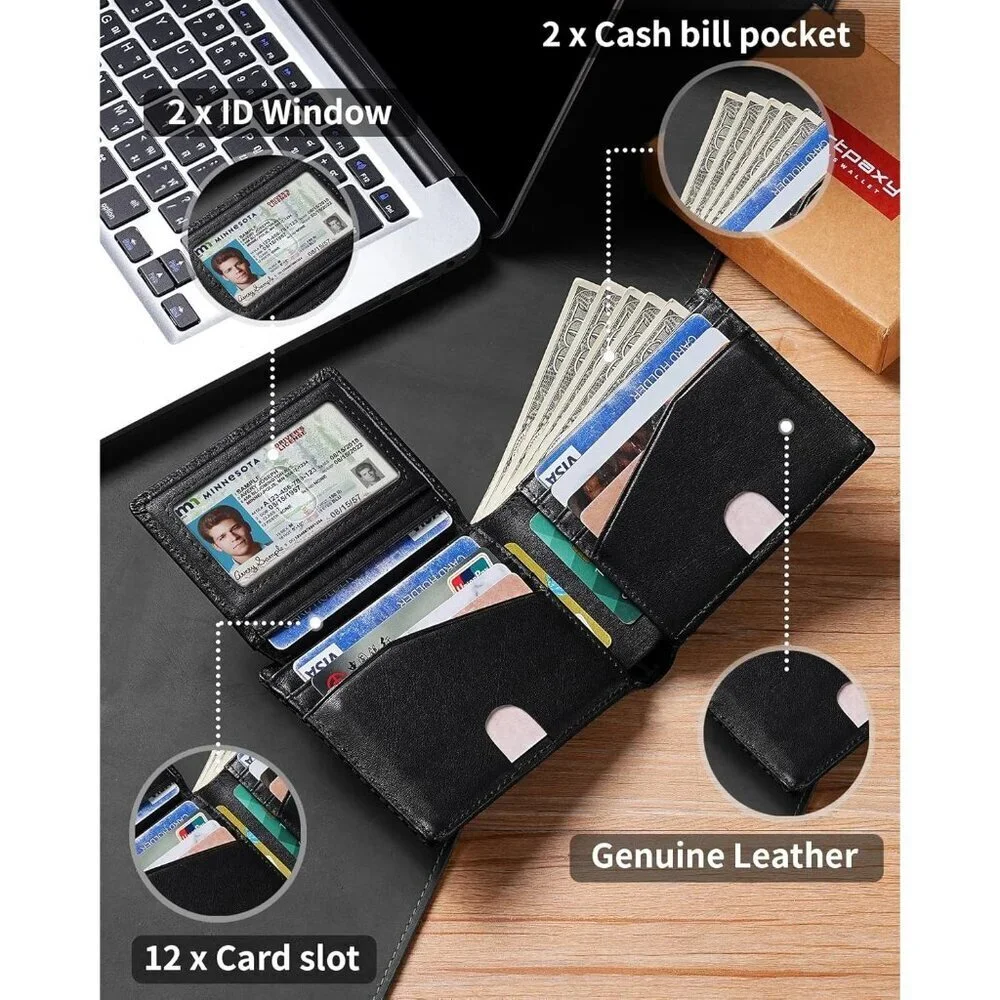 Men's Classic Bifold Wallet Card Black Style Genuine Leather 2 Cash Pockets